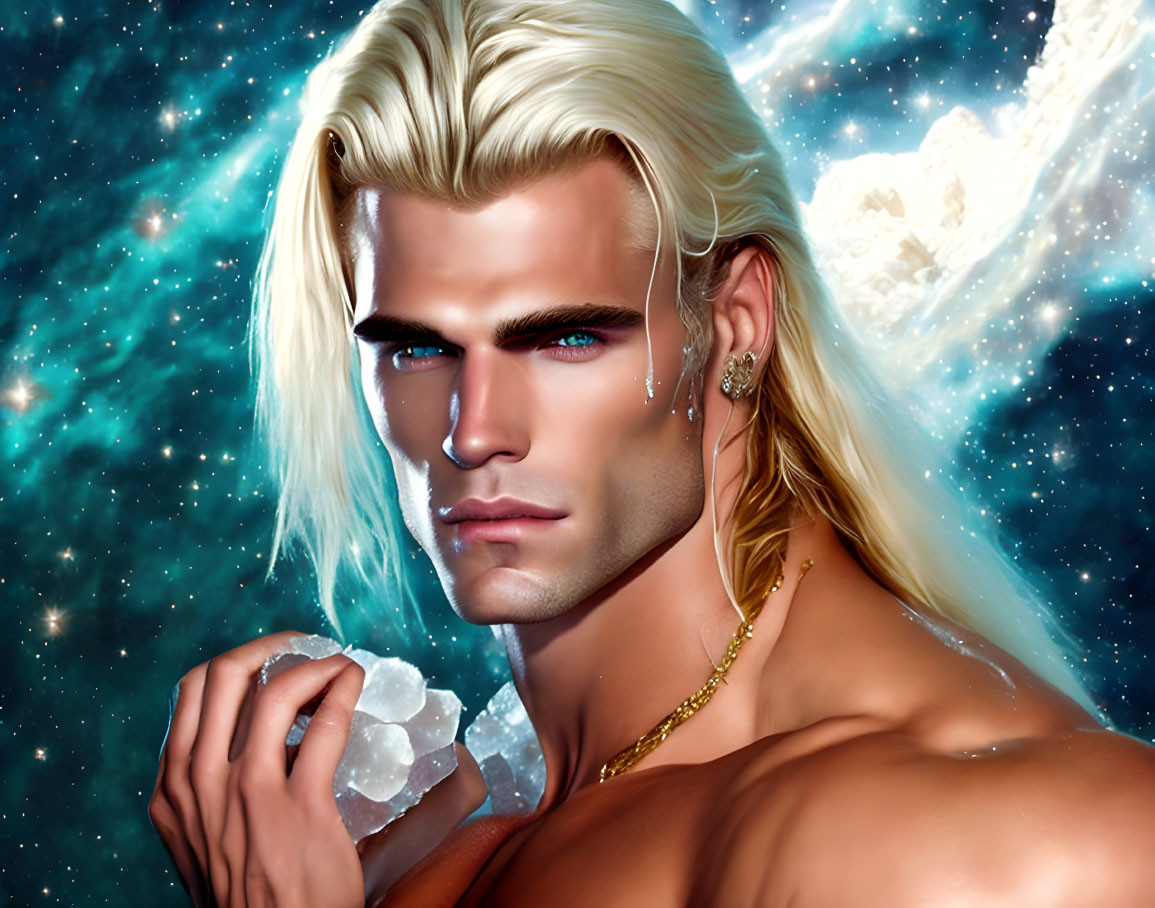 Muscular fantasy character with long blonde hair and blue eyes in cosmic setting