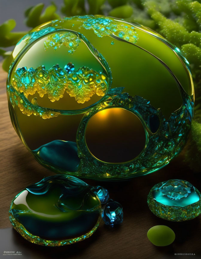 Luxurious Gold-Patterned Emerald and Sapphire Bauble with Small Matching Objects