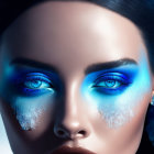 Close-up of woman with striking blue eyes, makeup, hair, and earrings