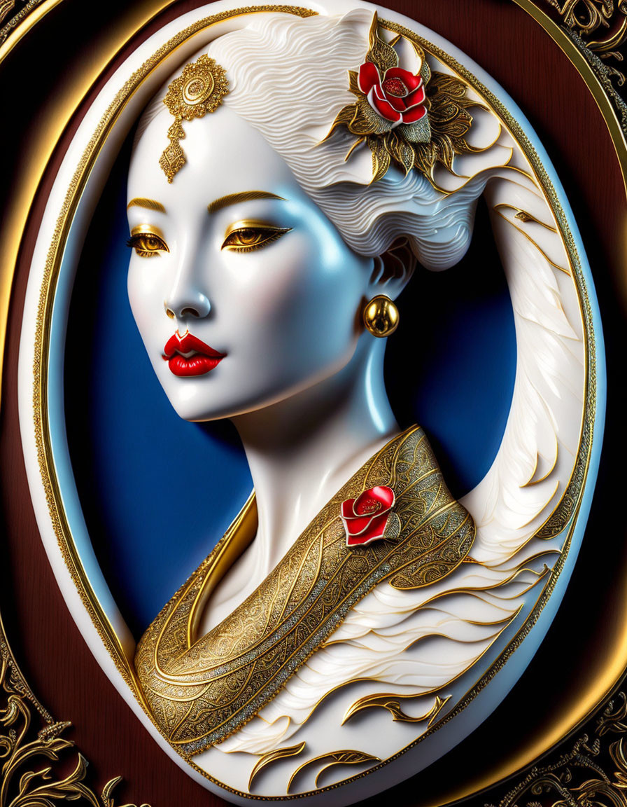 Blue-skinned woman with white hair, golden jewelry, and red flowers in ornate oval frame