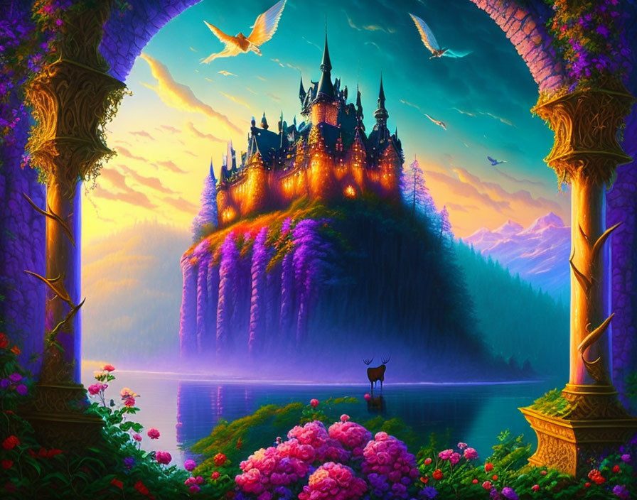 Mystical castle on lush hill with archway, vibrant flowers, birds, and dreamlike sunset