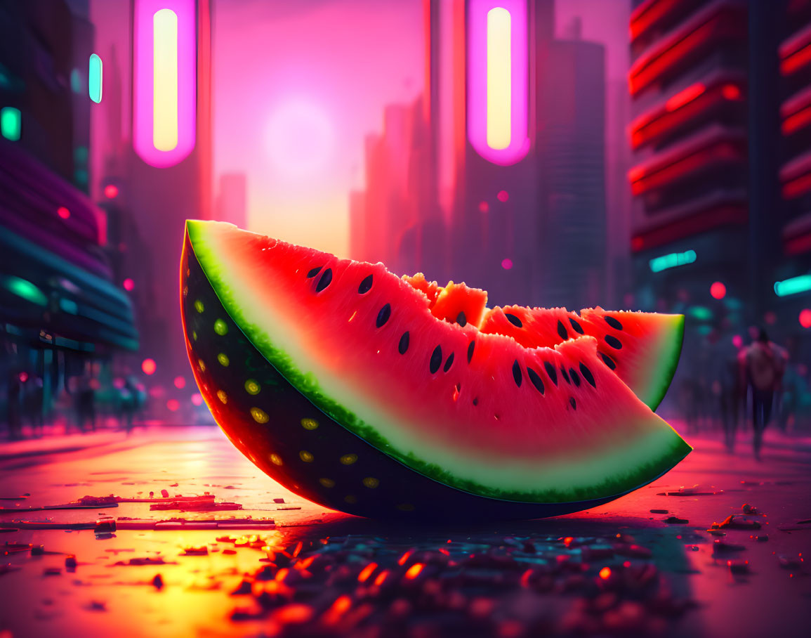 Watermelon slice on wet city street at dusk with neon-lit buildings and pink sky