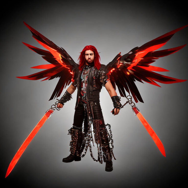 Fantasy character with red wings, swords, black attire, and leather boots