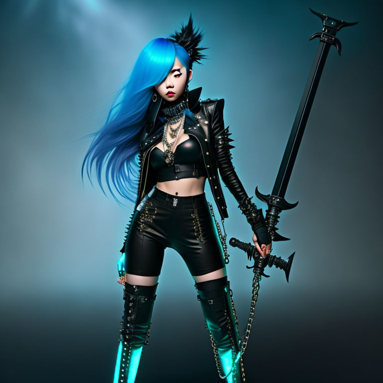 Stylized female character with long blue hair and futuristic sword in black leather outfit