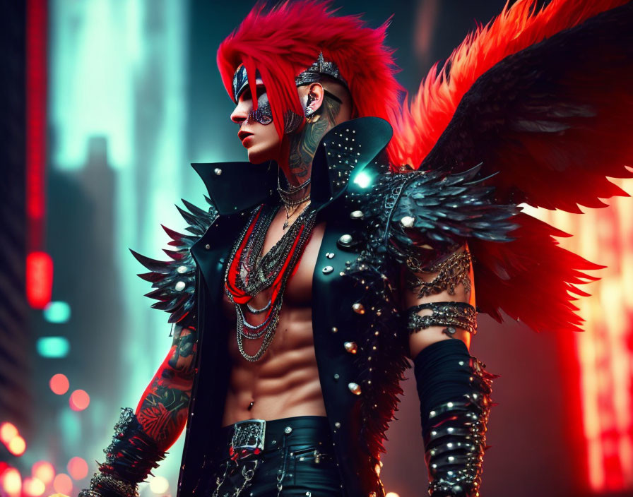 Punk rocker with red mohawk and feather wings in urban neon setting