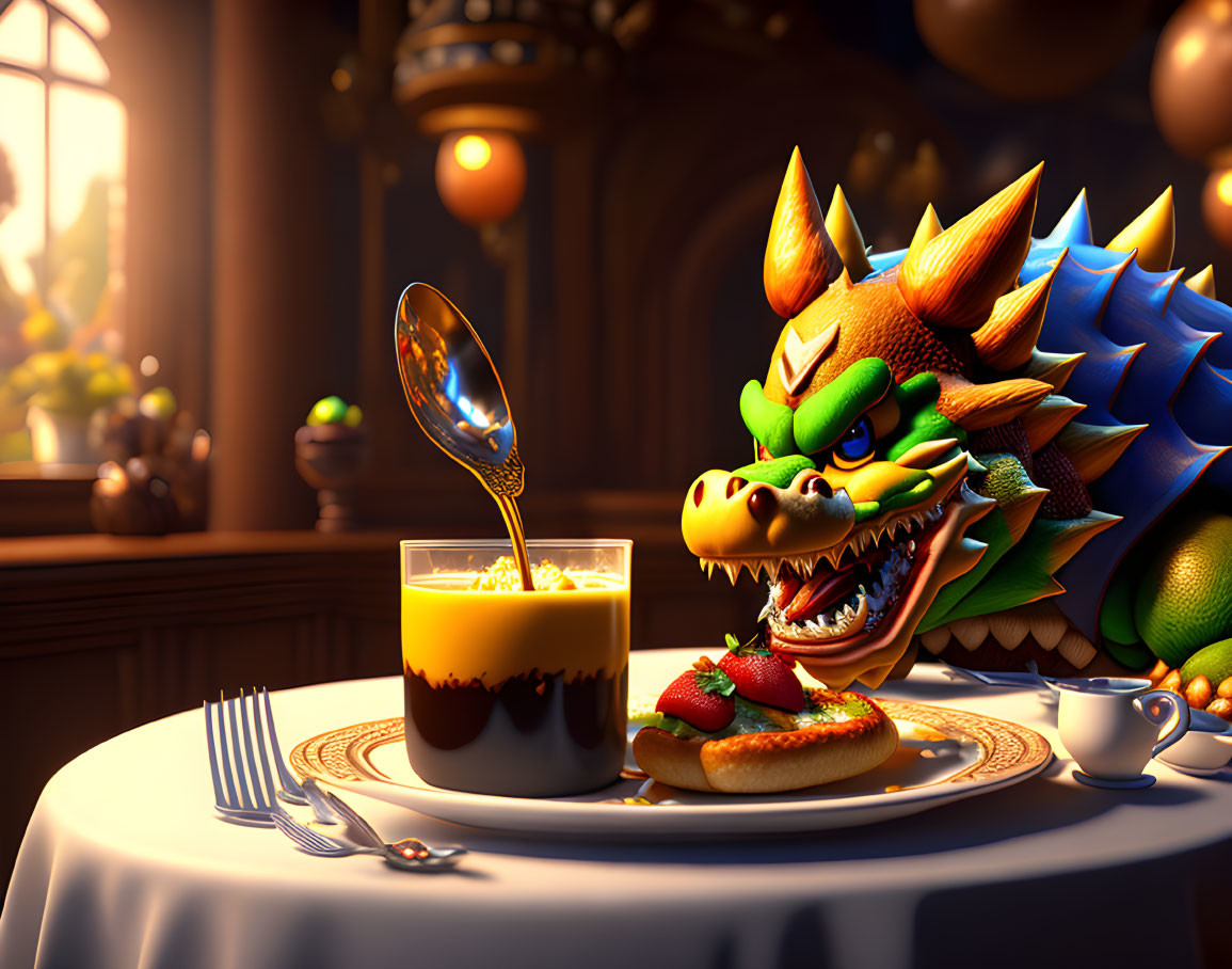 Cartoon Bowser enjoying pancakes and dessert with a flipping spoon