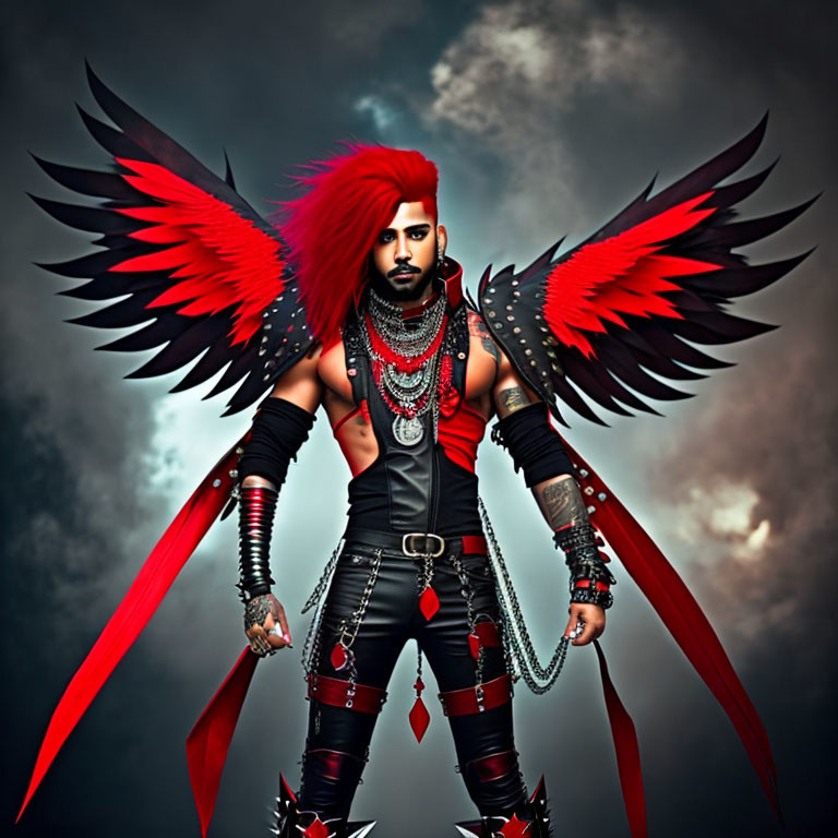Stylized illustration of person with red and black wings and gothic attire