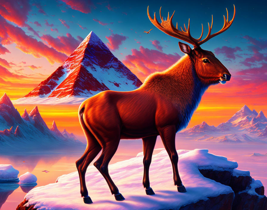 Majestic elk in snowy landscape at sunset with mountains and water
