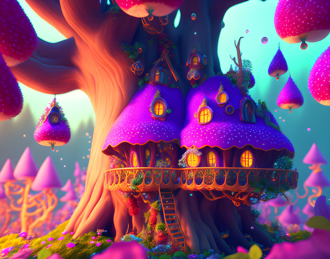 Colorful Fantasy Landscape with Mushroom House and Floating Islands