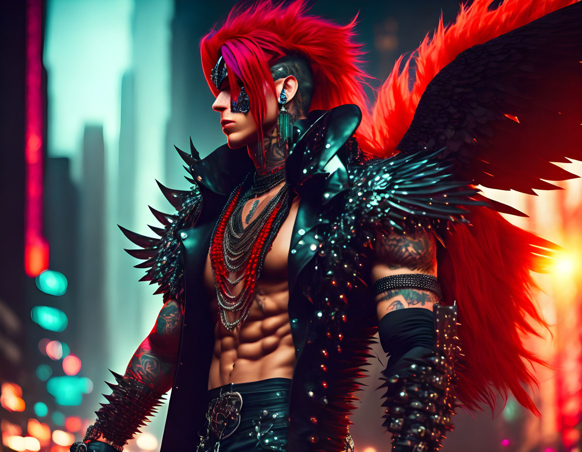 Red-haired individual with black feathered wings in punk attire against neon-lit cityscape
