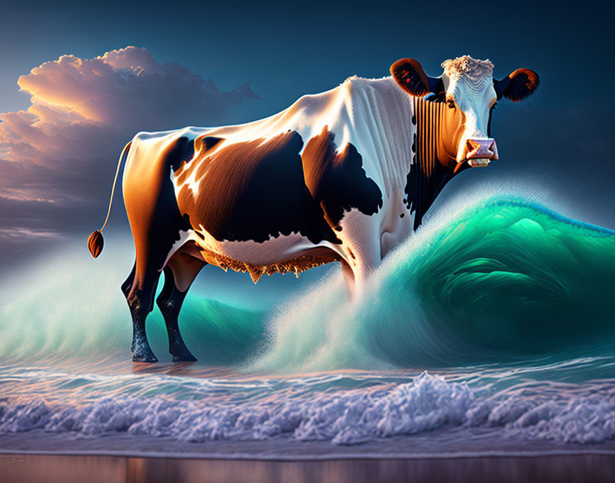 Surreal cow standing on waves with ocean scene inside milk carton-shaped cutout