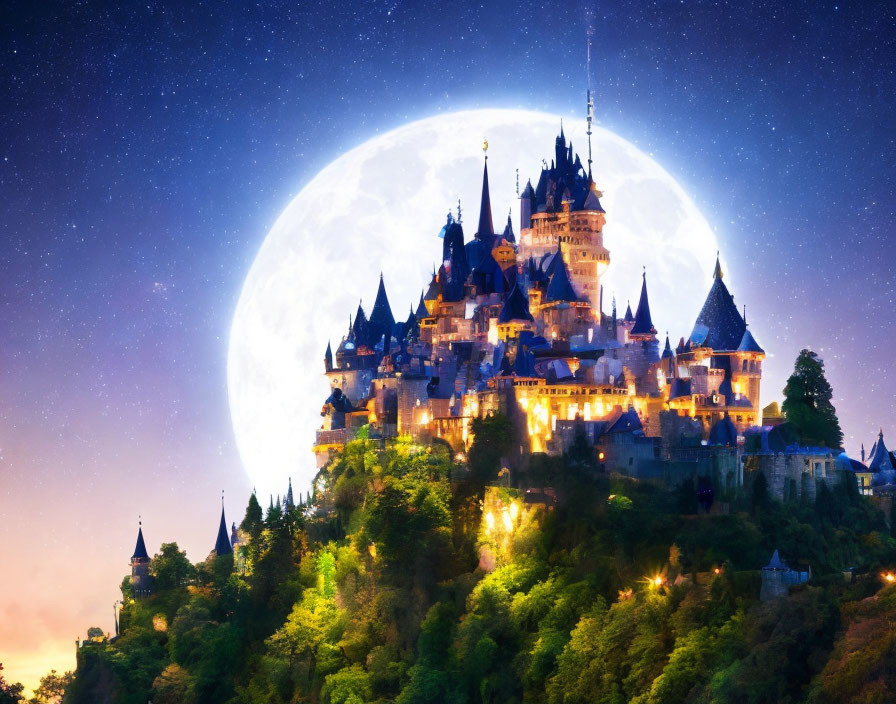 Majestic castle on hilltop under full moon