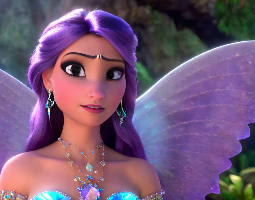 Purple-haired 3D animated fairy with gemstone necklace in forest scene