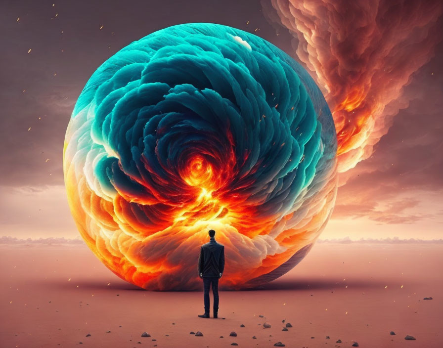 Person Standing Before Colossal Fiery Flower-Like Sphere
