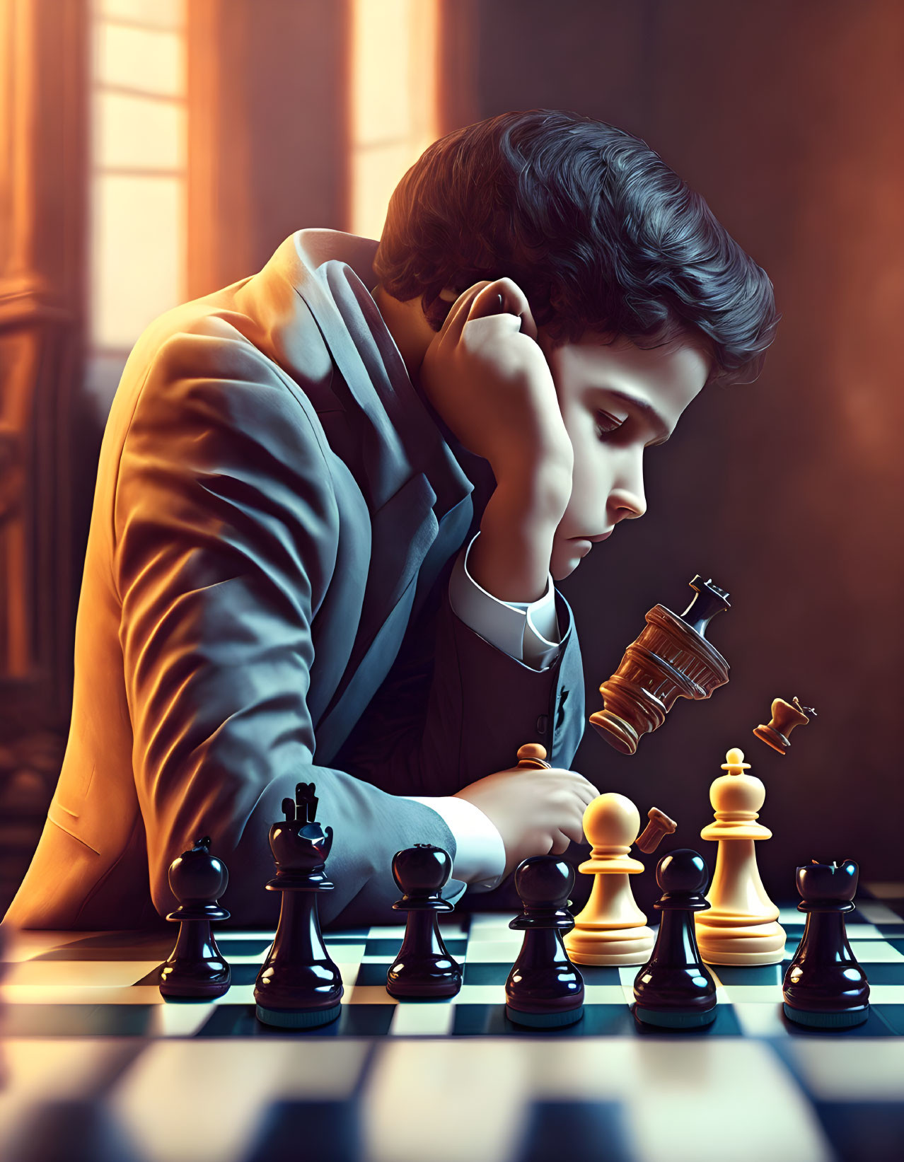 Young man in suit contemplates chessboard with black queen piece
