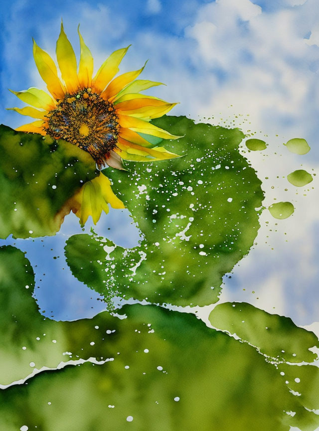 Sunflower watercolor painting with yellow blossom and blue sky