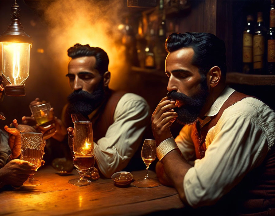 Styled mustaches on men in dimly lit vintage bar