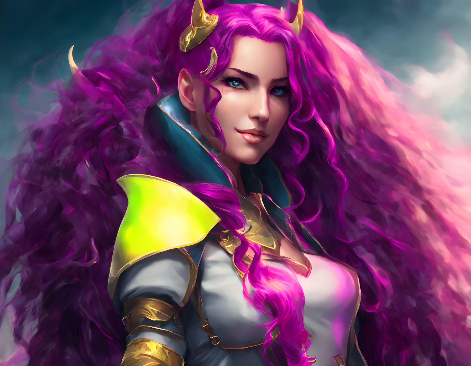 Fantasy character with purple hair, horns, gentle smile, gold-accented armor