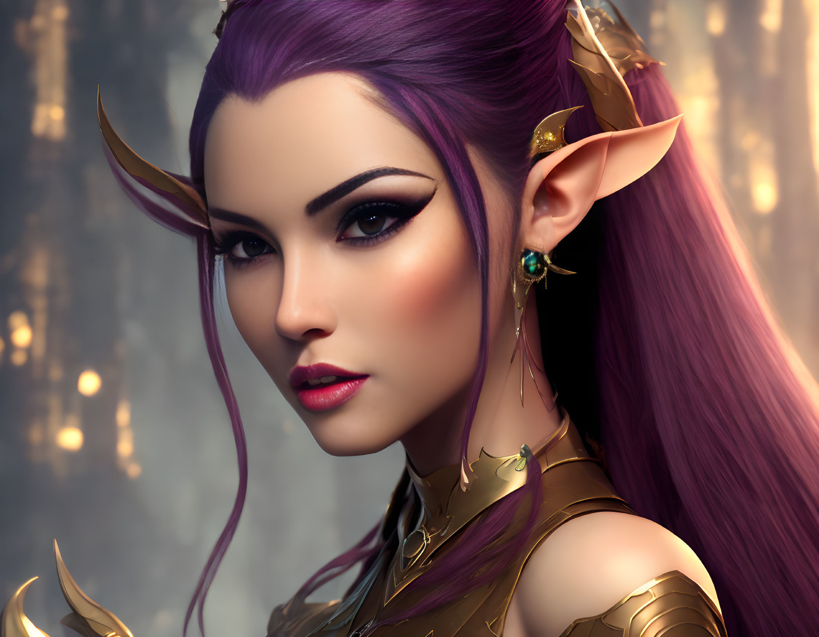 Fantasy digital art: Elegant elf female with purple hair and gold jewelry