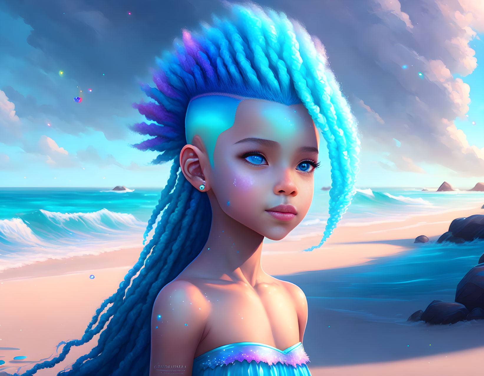 Vibrant rainbow-haired girl with blue skin on serene sunset beach