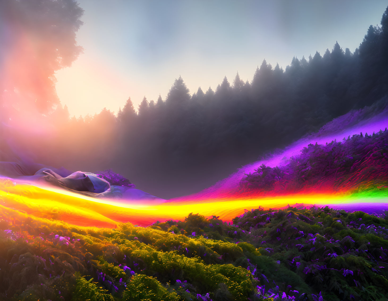 Colorful landscape with rainbow river, purple valley, foggy sky, and tree silhouettes