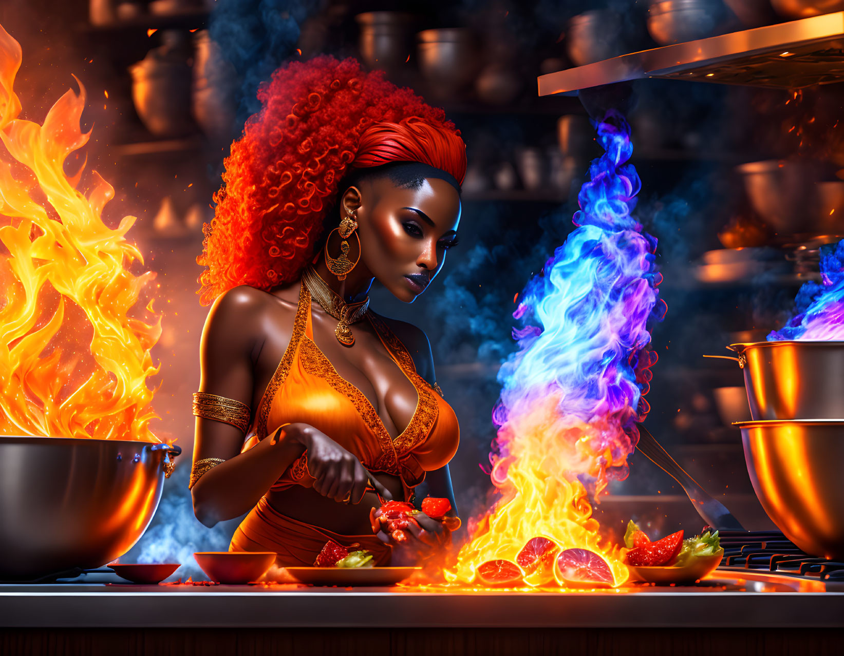 Vibrant illustration of woman cooking with red hair