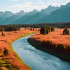 Scenic river flowing through golden meadow and mountain peaks