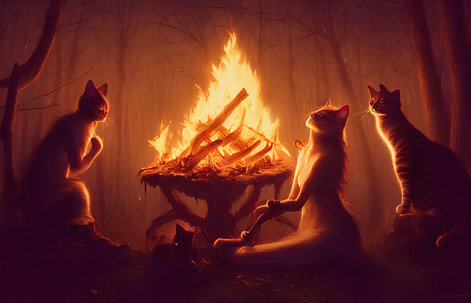 Four Cats Around Blazing Fire in Mystical Forest