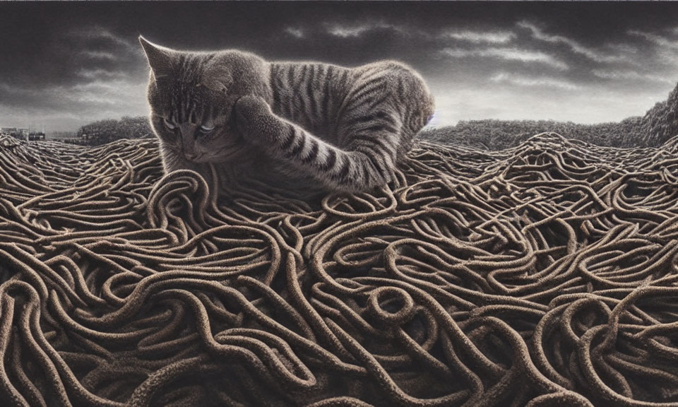 Striped cat in rope-filled landscape under cloudy sky
