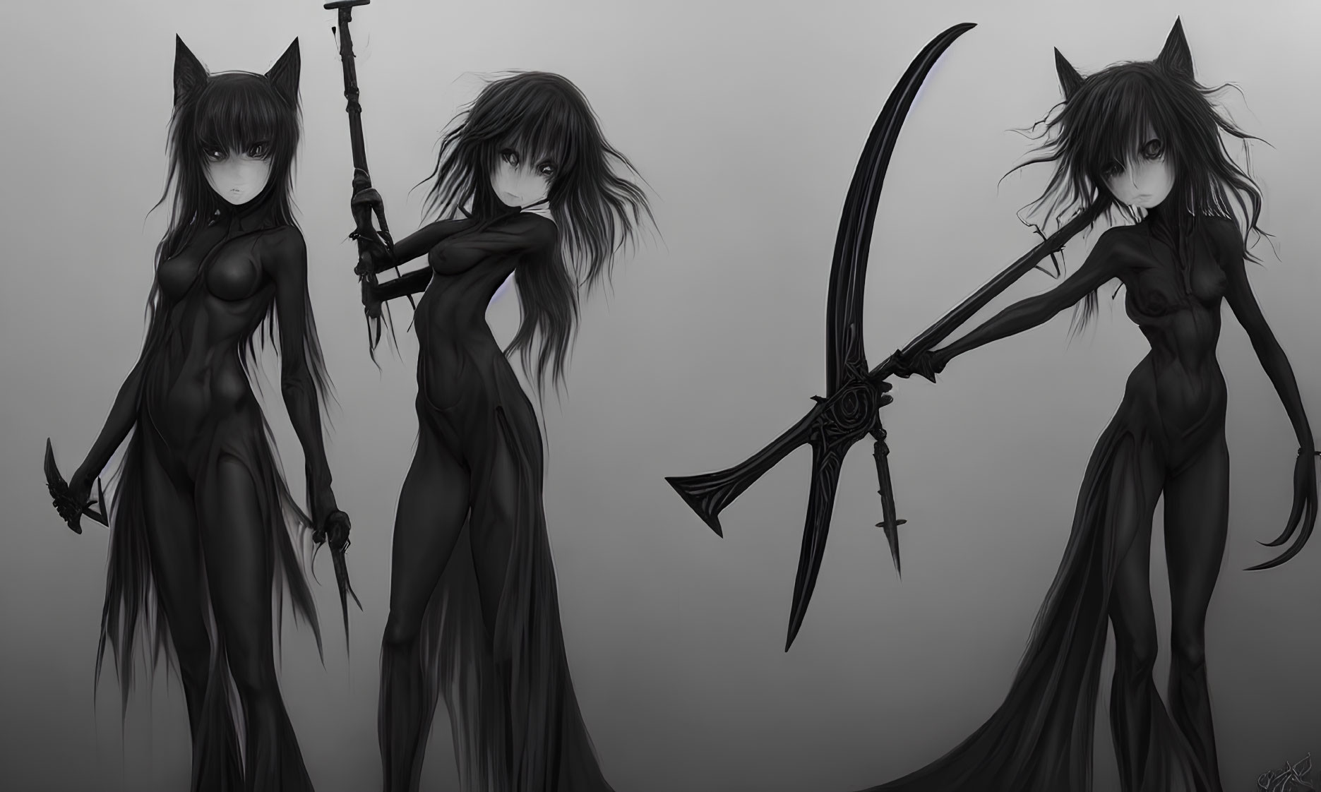 Monochrome anime-style female figures with feline traits and weapons on dark background