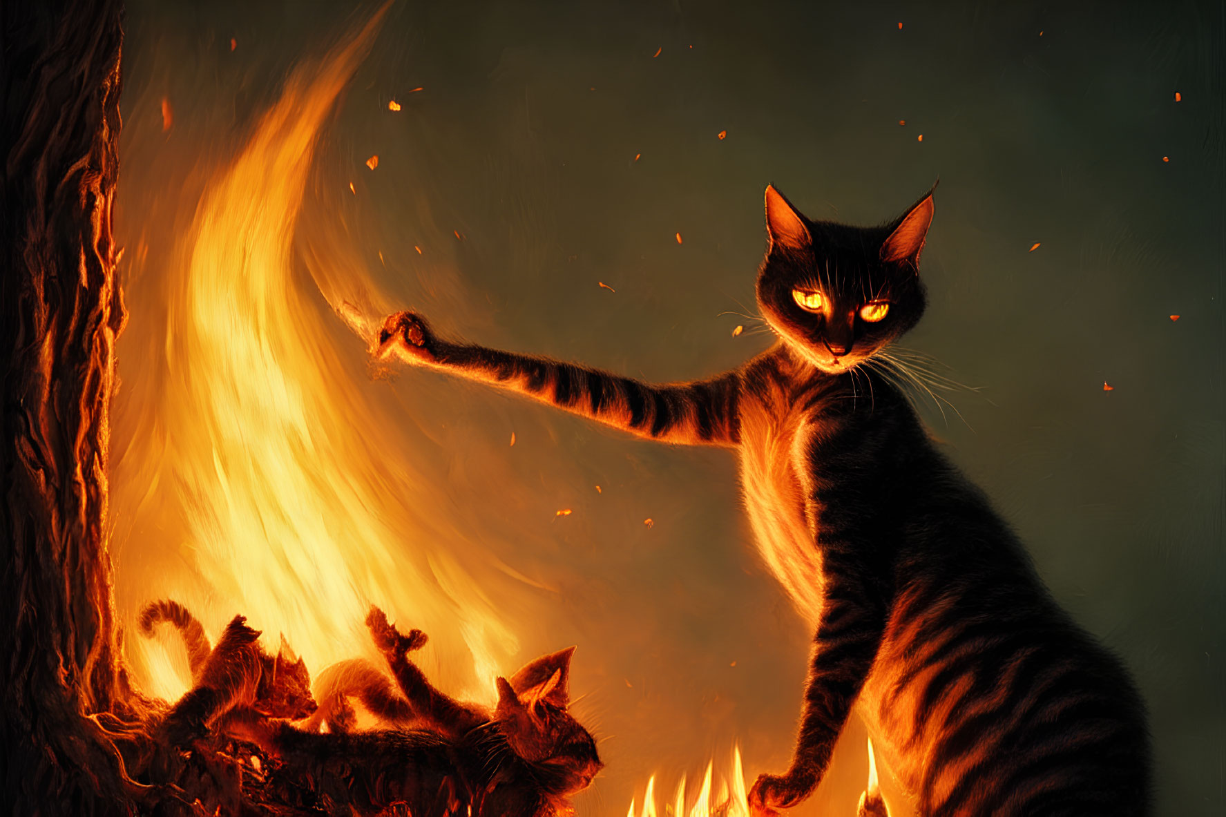 Sinister black cat with glowing eyes in front of fire and smaller cats
