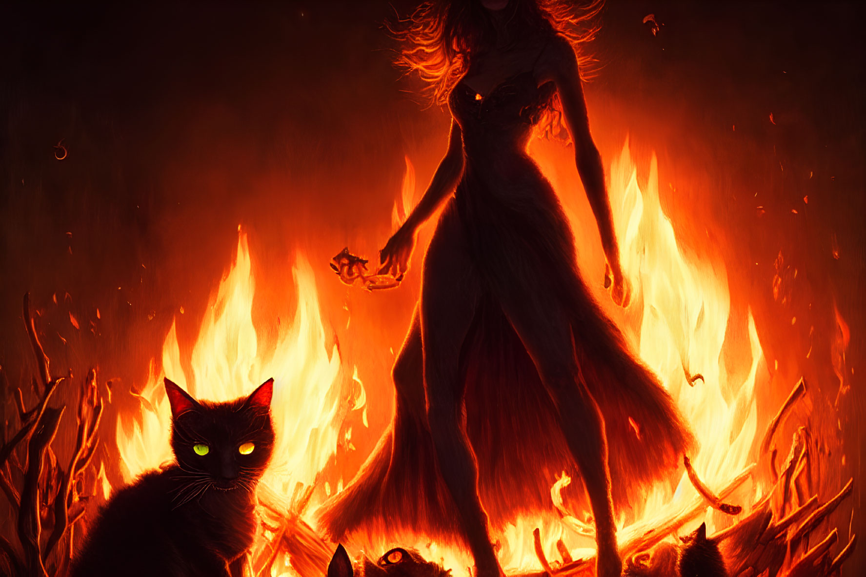 Woman surrounded by flames and glowing-eyed cats in mystical scene.