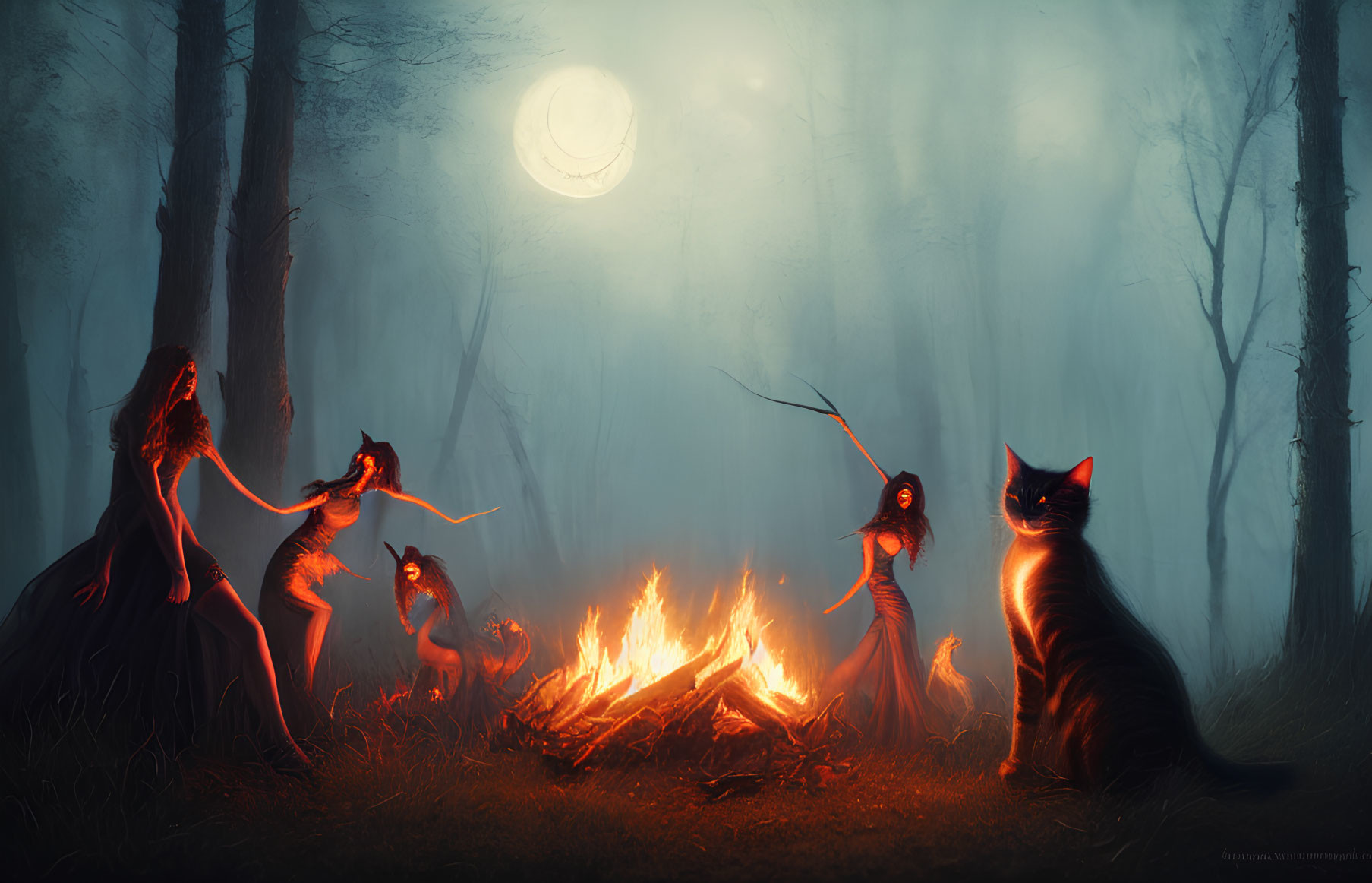 Women dancing near bonfire in mystical forest with giant cats under full moon
