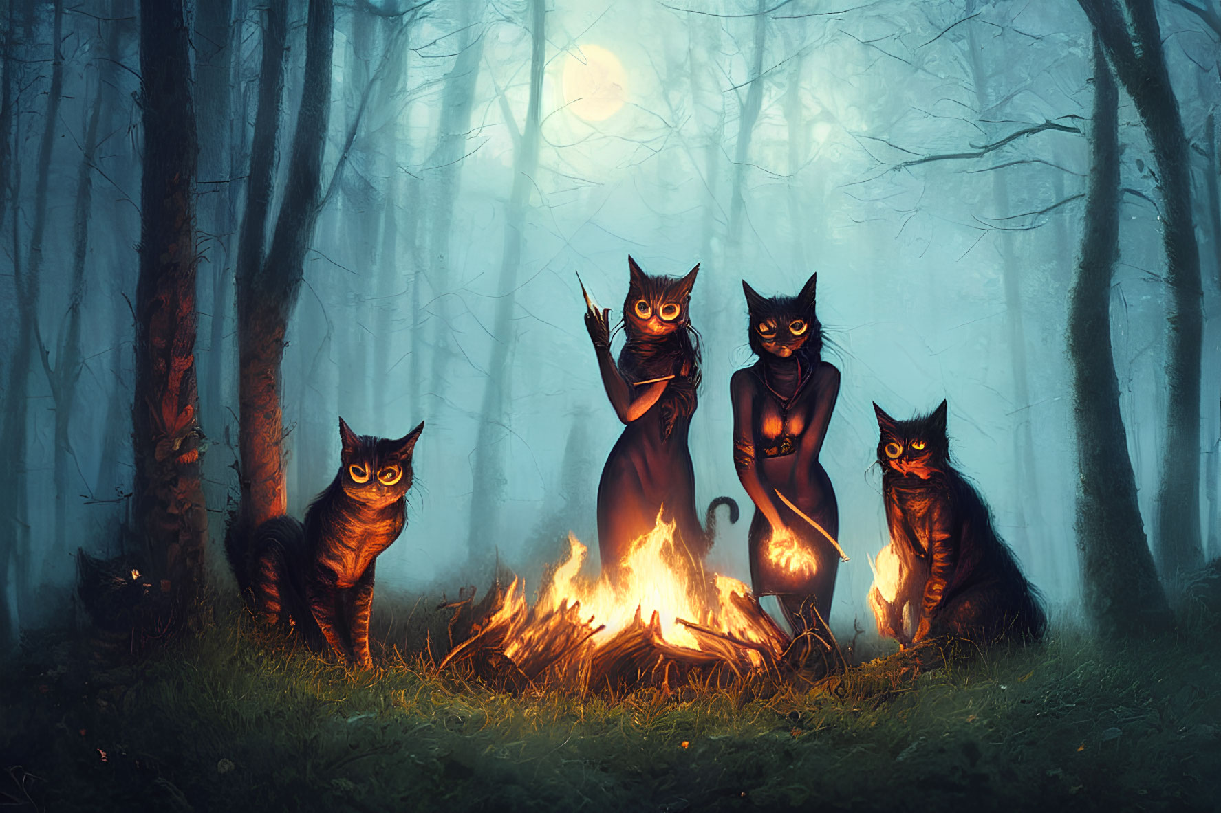 Stylized black cats with glowing eyes around a campfire in misty forest