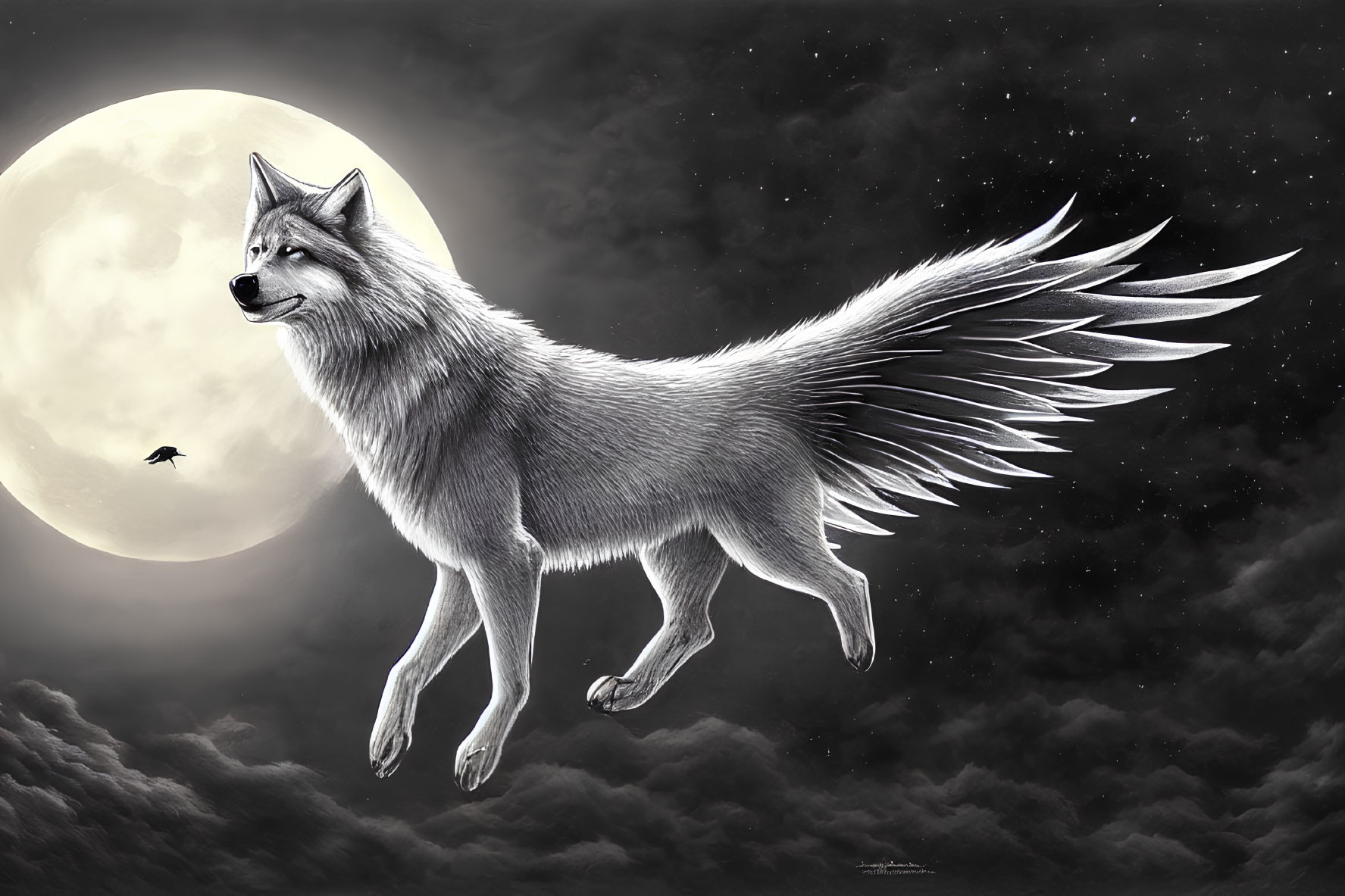 Winged wolf flying under full moon in fantasy scene