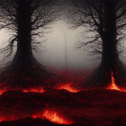 Eerie forest with silhouetted trees, misty backdrop, and glowing red ground