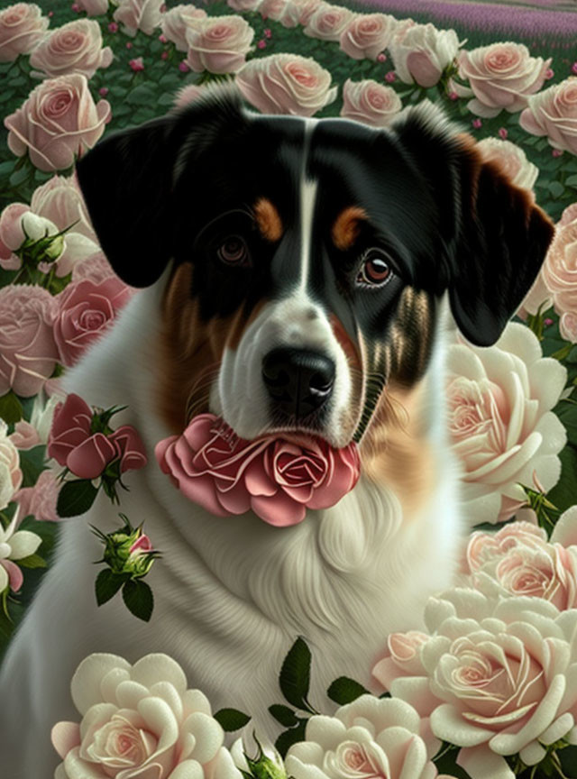 Tricolor dog with rose in mouth against pink rose backdrop