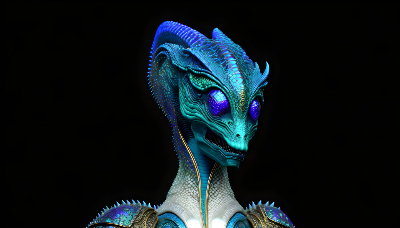 Blue-Scaled Dragon Art with Purple Eyes on Dark Background