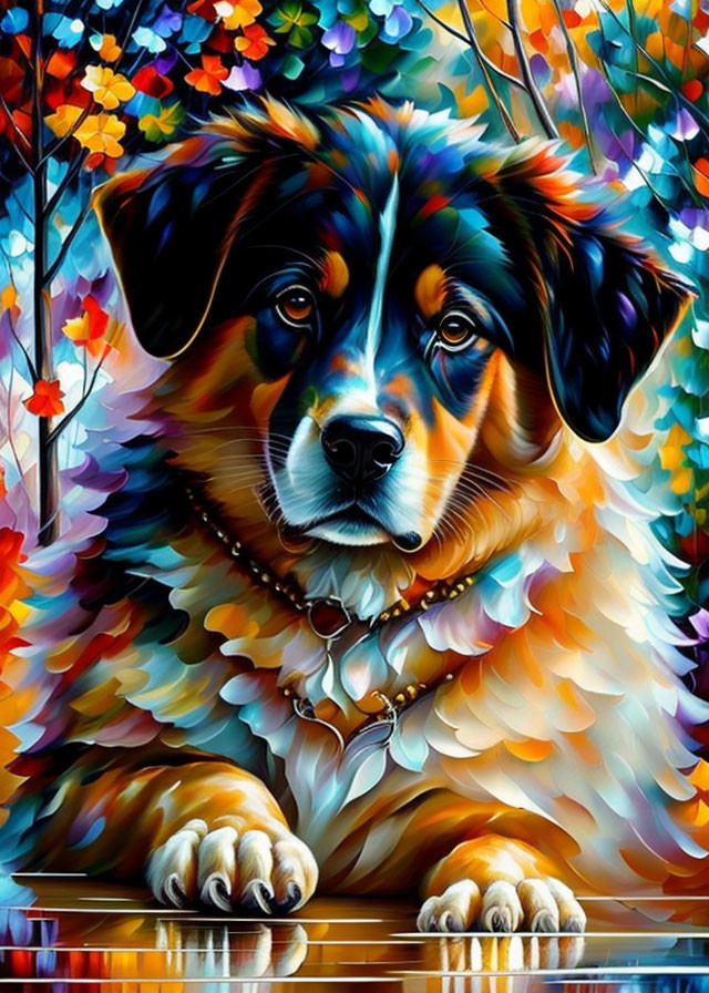 Colorful Stylized Dog Painting with Vibrant Floral Background