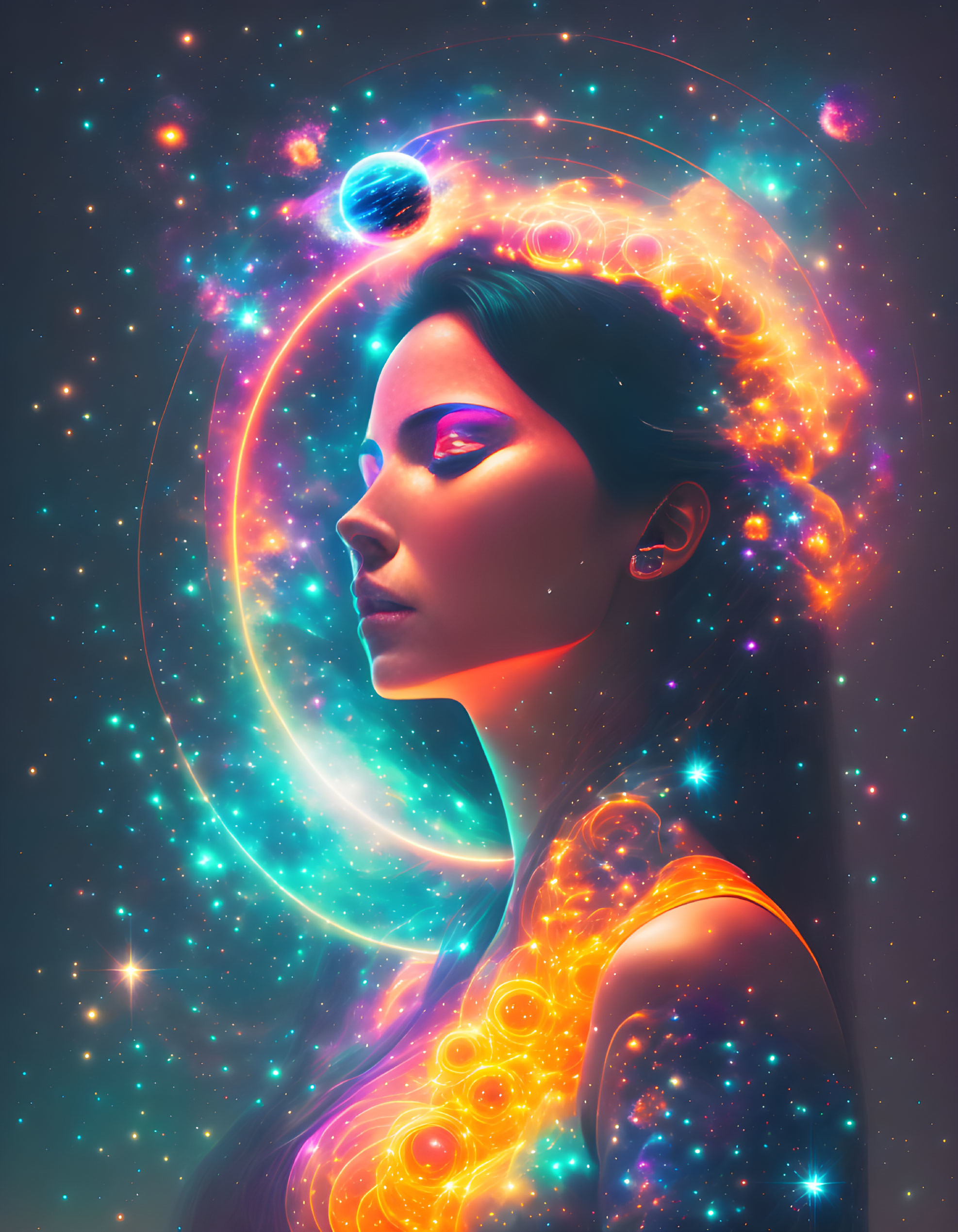 Cosmic-themed digital artwork of a woman's profile with glowing rings