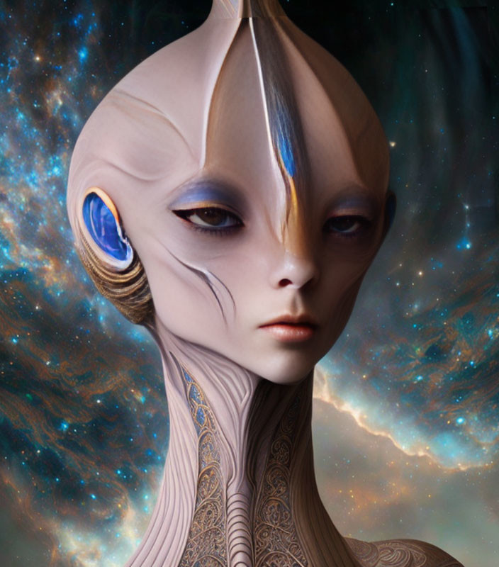 Alien with Large Blue Eyes in Cosmic Setting