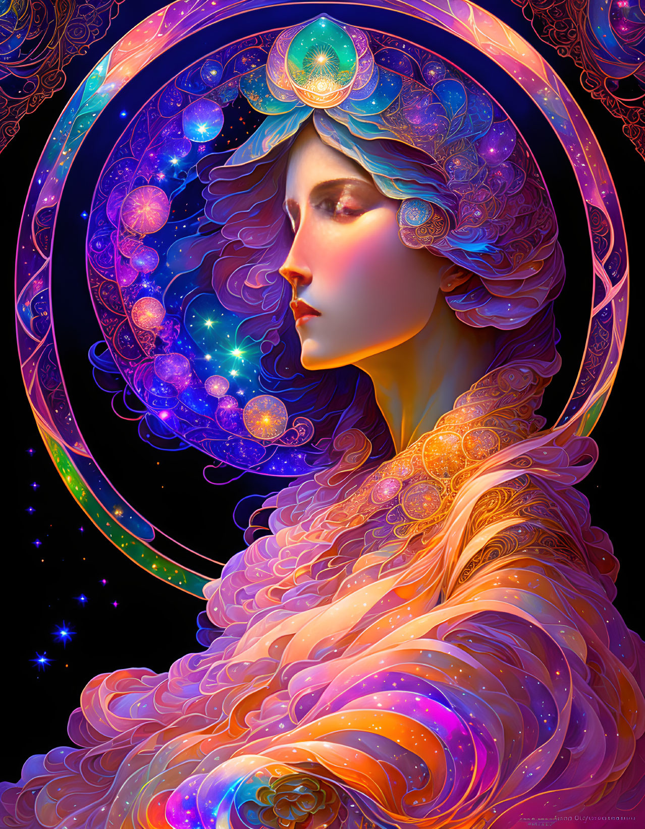 Ethereal woman with cosmic backdrop and celestial design.