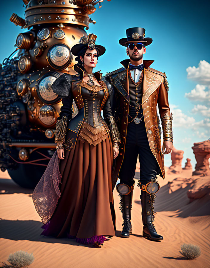 Steampunk-dressed man and woman pose in desert with elaborate machine