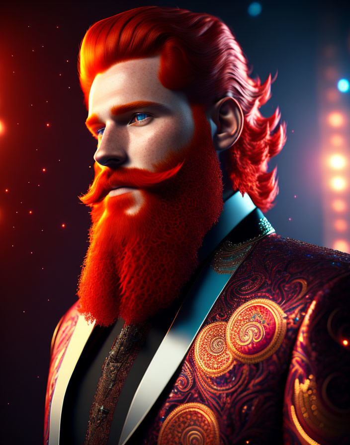 Stylish man with red beard in patterned jacket on bokeh background