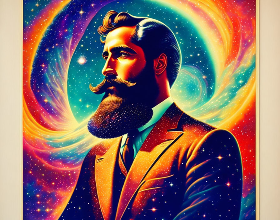 Colorful illustration of bearded man in suit amid cosmic galaxies