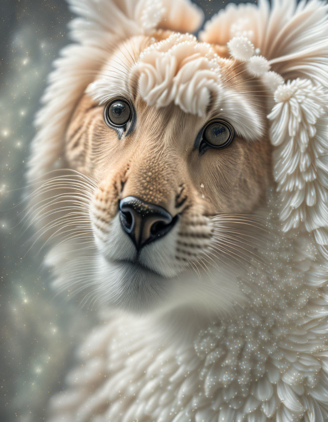 Detailed lion close-up with whimsical fur textures and snowflakes on mane