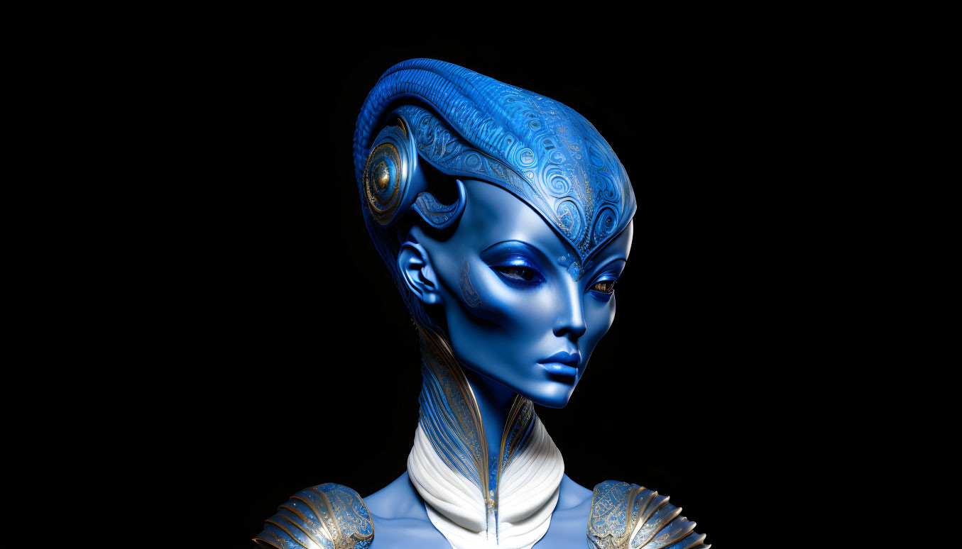 Blue humanoid female alien with intricate patterns on head and shoulders against black background