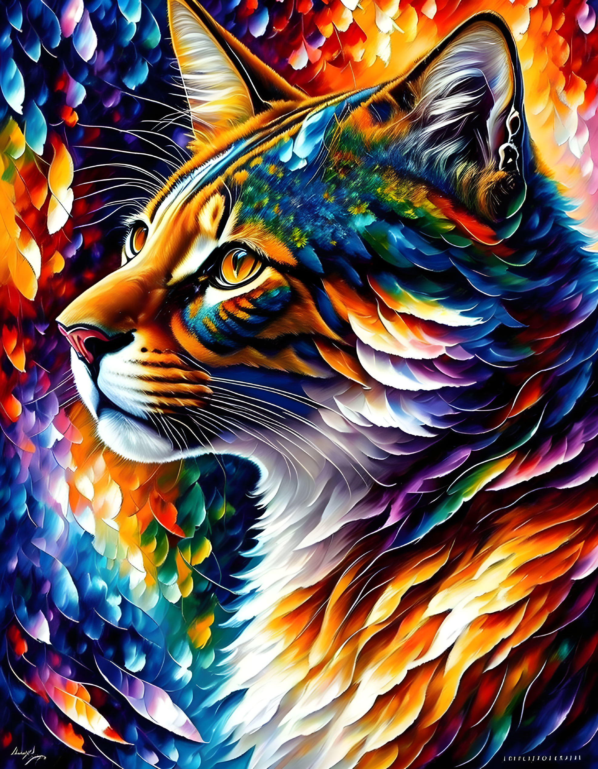 Colorful Cat Portrait with Fiery Mosaic Fur in Abstract Style