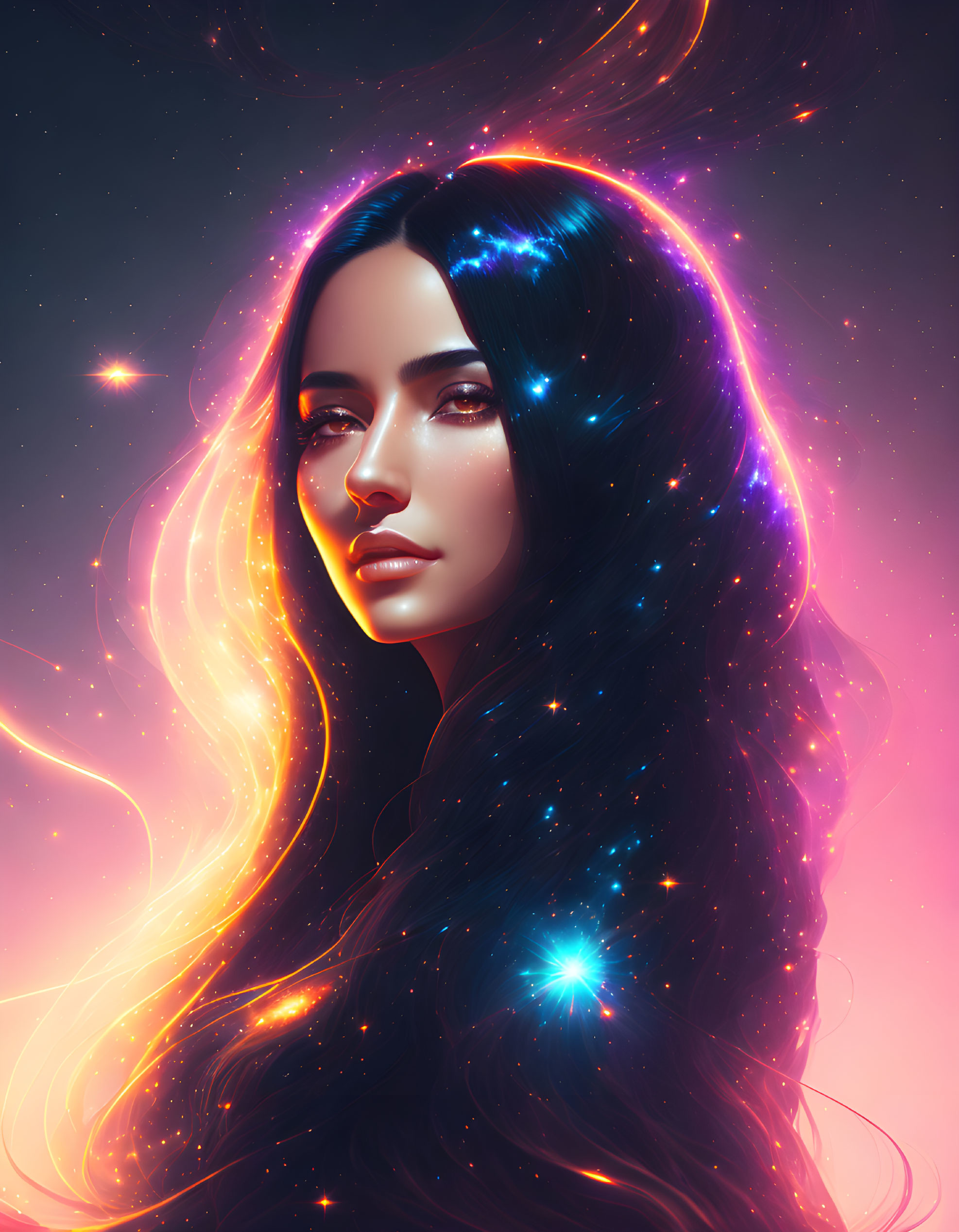 Digital portrait of woman with cosmic hair in starry setting