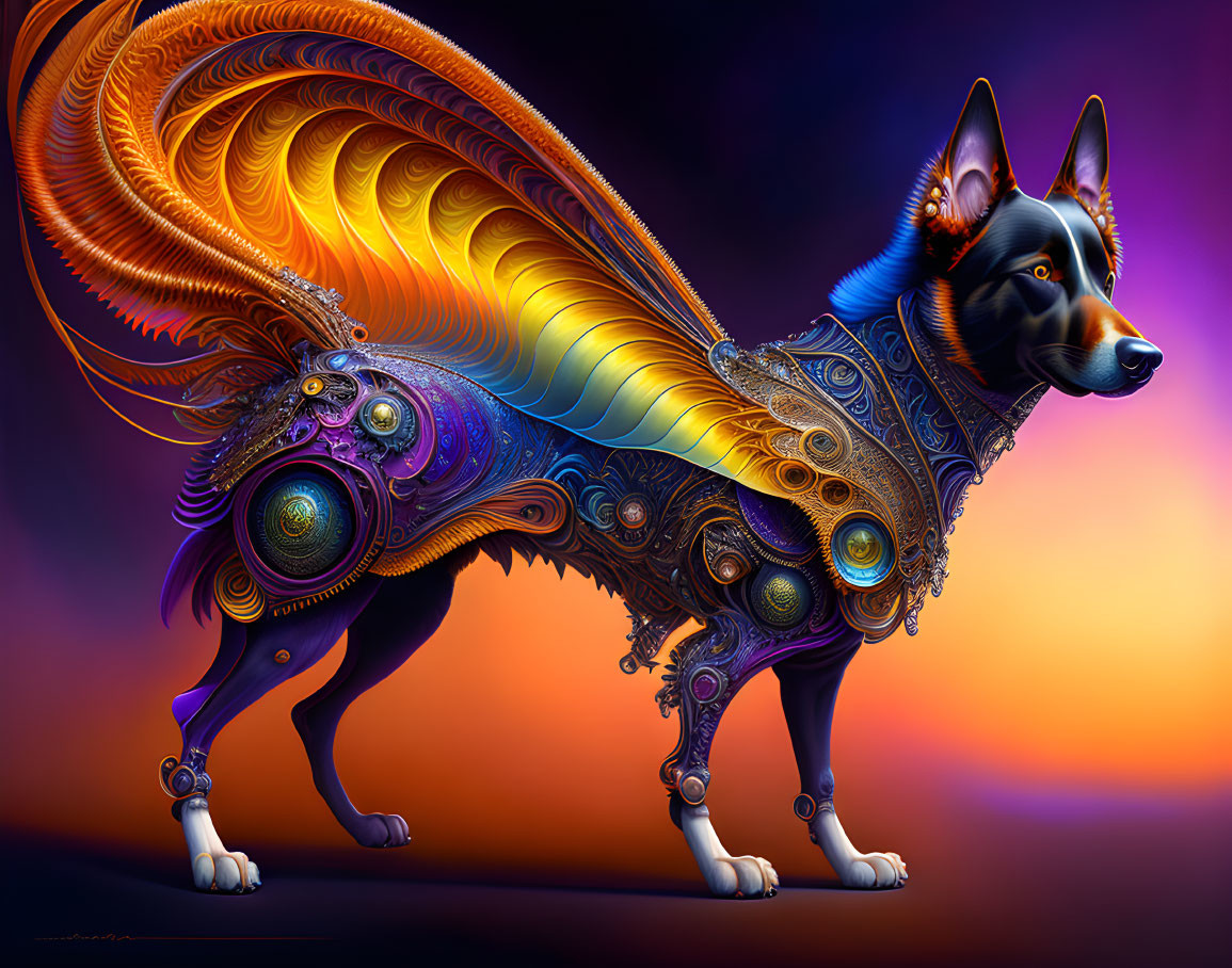 Colorful Mechanical and Organic Dog Art with Wing-like Structure